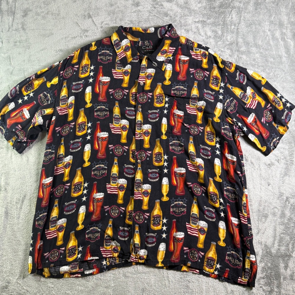 VTG C&B Sport Beer Button Up Novelty Print Short Sleeve Shirt XL